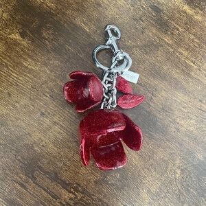 Coach Red Glitter Tea Rose Keychain Charm with Silver Hardware